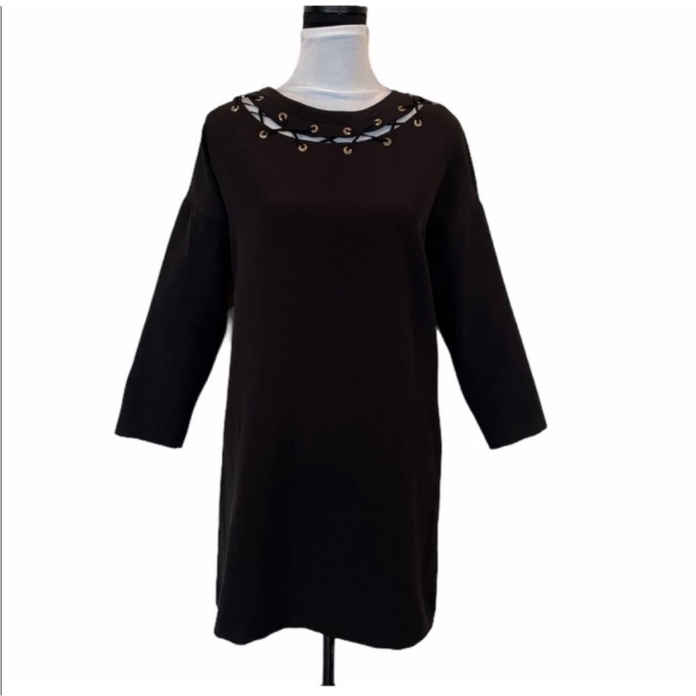 Zara NWT LBD pullover black grommet neckline contemporary gothic dress medium